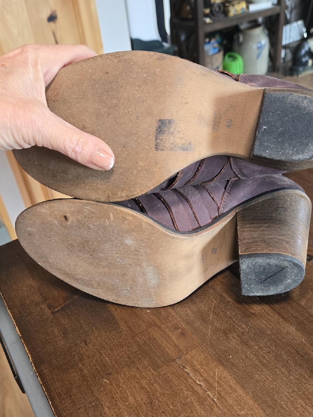 Free People Leather Strappy Booties Size 40 Dark Brown Learher With Stacked Heel - Picture 9 of 10
